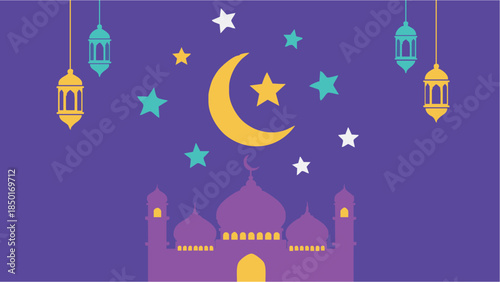 Vibrant Ramadan celebration with mosque and lanterns at night