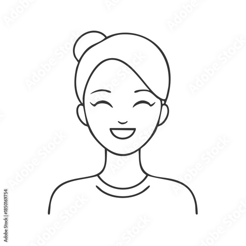Smiling woman with hair bun outline for coloring books or design projects featuring portraits of happy people.