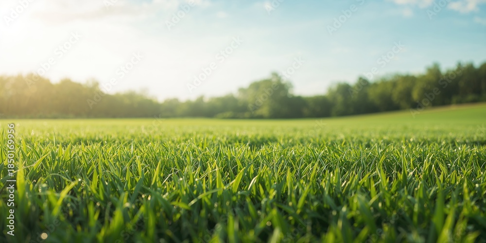 Fototapeta premium Lush grassy landscape with a solid green backdrop, ideal for editorial header backgrounds