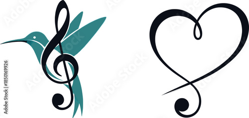 Vector illustration of a hummingbird and heart music notes