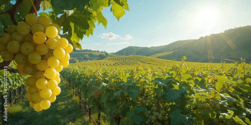Fototapeta premium Shine Muscat cultivation in Yamanashi Prefecture, showcasing a vineyard during the harvest period, focused on fruit ripening