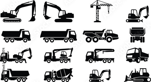 Construction machinery silhouette icon set with excavators, cranes, dump trucks, concrete mixers, heavy industrial vehicles isolated white background