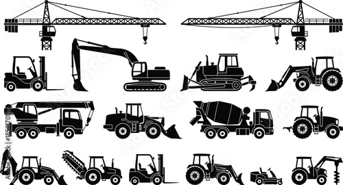 Construction machinery silhouette icons set, tower cranes, excavators, bulldozers, forklifts, loaders, trucks, heavy equipment, industrial vehicles, vector collection