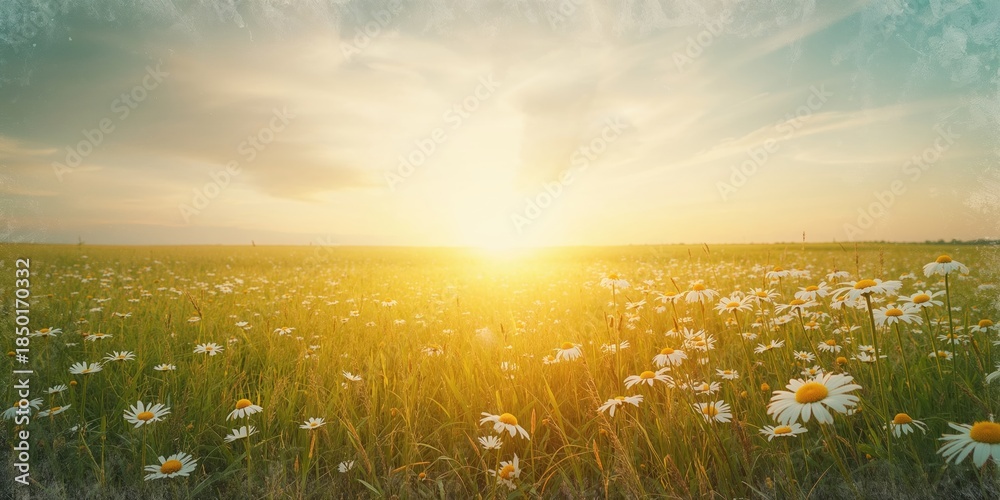 Fototapeta premium Grunge-style daisy field at sunset used as background for text or layout design, Nature preservation awareness day
