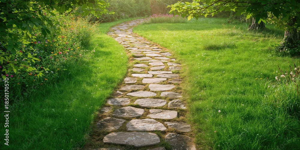 Fototapeta premium Stone garden pathway with natural surroundings, ideal for outdoor relaxation and landscape design