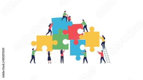 Diverse team collaborating to connect puzzle pieces, symbolizing unity, problem-solving, and successful teamwork in a modern business setting.