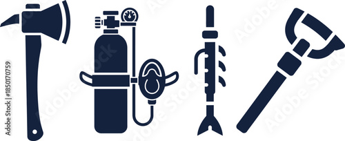Firefighter Tools Icons Axe Oxygen Tank and Rescue Tools firefighter axe breathing apparatus