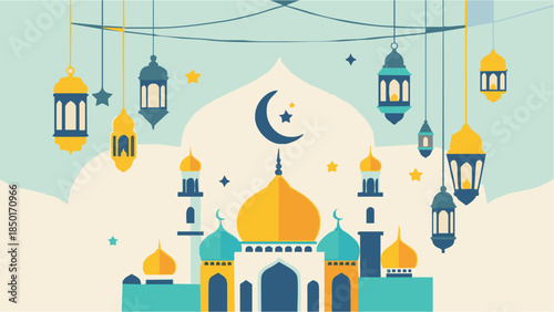 Vibrant mosque scene with hanging lanterns at night