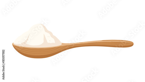 Wooden spoon filled with a white powdery substance, likely flour or baking powder, isolated on a white background.