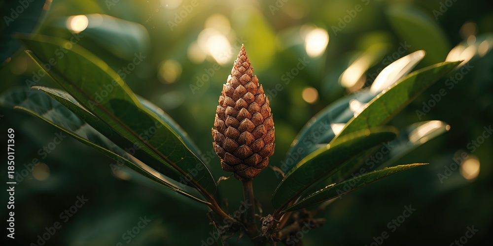 Obraz premium Magnolia seed pod cone amidst lush green leaves, botanical focus on seed dispersal, plant anatomy