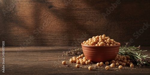 Uncooked chickpeas in a ceramic bowl on wooden table, emphasizing food preparation techniques