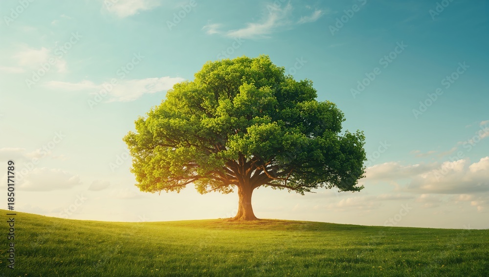 Fototapeta premium Tree with green foliage under open sky, seasonal change
