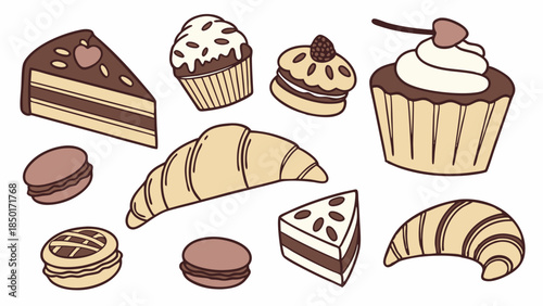 Cute Hand Drawn Bakery Pastries Set Sweet Desserts Illustration Cake Croissant Macarons Cupcakes Graphic Design Elements