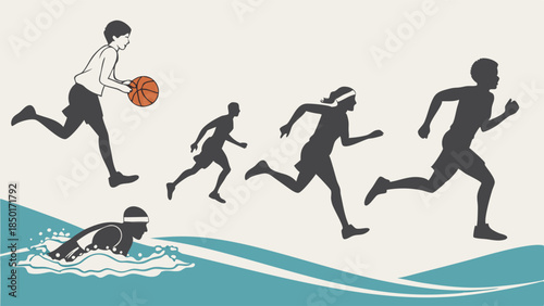 Diverse Athletes Running Swimming Dribbling Basketball for Fitness Health Sports Web Design or Youth Program Promotion
