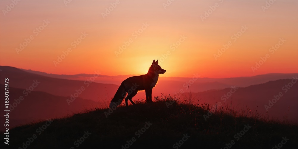 Naklejka premium Fox resting on a hill during sunrise, highlighting natural behavior at sunrise