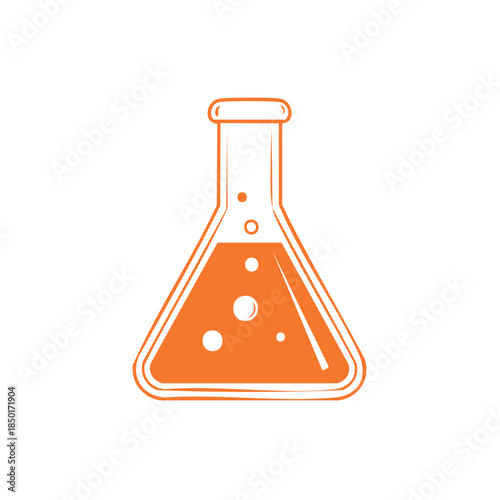 Erlenmeyer flask with orange liquid and bubbles chemical lab experiment equipment science education concept design