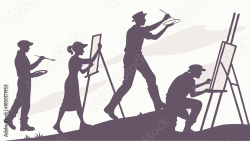 Silhouettes of Artists Painting Outdoors on Easels Illustrating Creative Journey Skill Development and Art Education