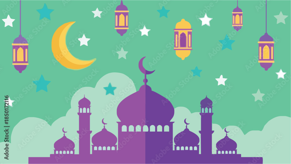Obraz premium Vibrant purple mosque under starry night sky with crescent moon