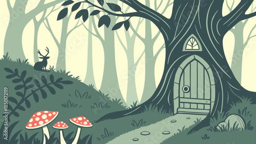 Enchanted Forest Tree House Door Vector Illustration Whimsical Fairytale Scene with Deer and Spotted Mushrooms Woodland Background