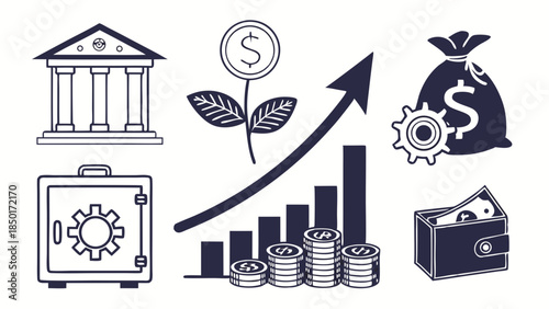 Financial Growth Investment Icons Set Secure Banking Strategy Wealth Management Pictograms for Business Success Presentation