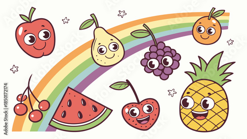 Cute Cartoon Fruits Collection with Rainbow Background Happy Smiling Characters Kids Healthy Food Education Illustration
