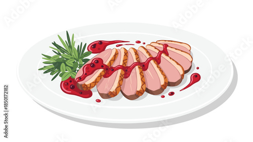 Sliced duck breast with vibrant red berry sauce and rosemary garnish is elegantly presented on a white plate for a gourmet dining experience.