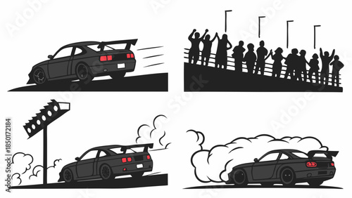 Black Sports Car Drag Racing Illustration Set Burnout Smoke Starting Line and Cheering Crowd High Speed Motorsport Competition Event