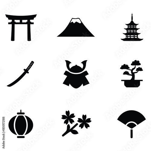 Set of japanese culture icons with traditional symbols in silhouette vector