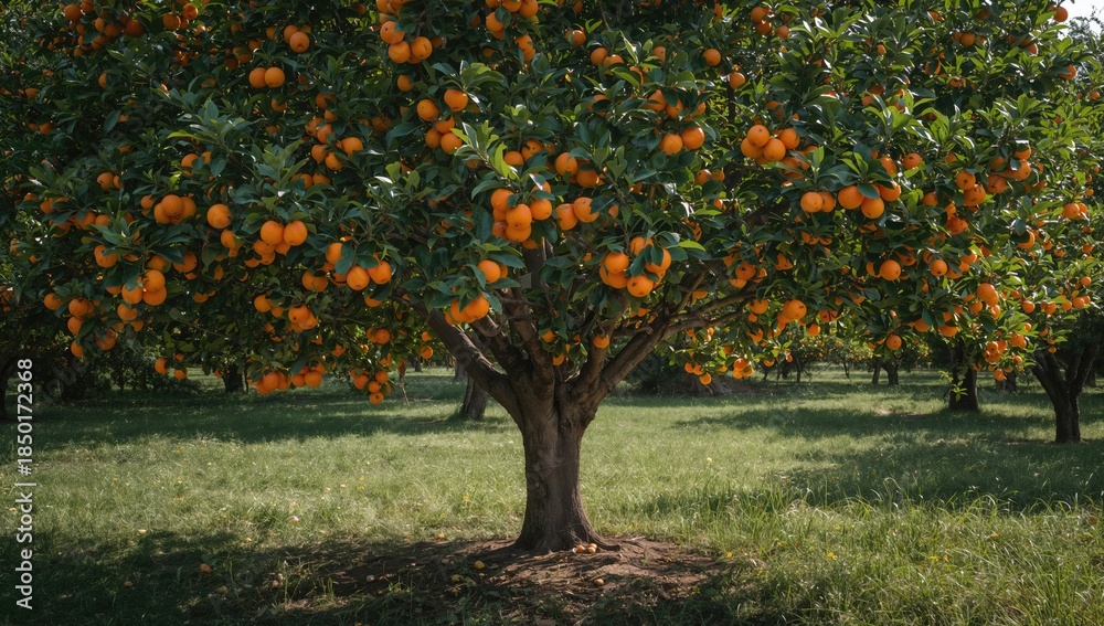 Fototapeta premium Mandarins growing on a tree in natural sunlight, illustrating agricultural practices and fruit ripening