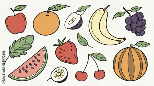 Vibrant Hand Drawn Fresh Fruits Vector Set for Healthy Eating Wellness Design Kids Education Food Blog Graphics and Organic Recipes