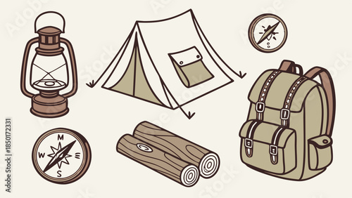 Adventure Camping Gear Flat Lay for Outdoor Travel Marketing Web Design and Outdoor Recreation Brands Inspiring Exploration and Fun