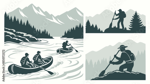 Outdoor Adventure Vector Set Canoeing Kayaking Hiking Wilderness Travel Tourism Design Element for Outdoor Gear Websites and Brochures