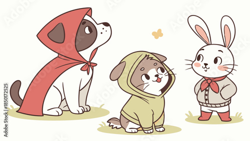 Cute Cartoon Puppies and Rabbit Friends in Raincoats for Children's Book Illustration or Apparel Design