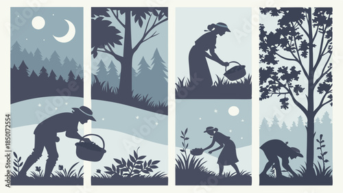 Four Seasons Foraging Silhouettes Women Men Gathering Harvest in Nature for Seasonal Agriculture Web Design or Calendar Illustration