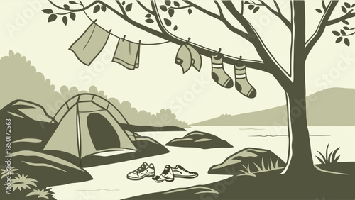 Summer Camping Scene With Tent Drying Laundry on Tree Branch by Lake for Outdoor Adventure Travel Web Design