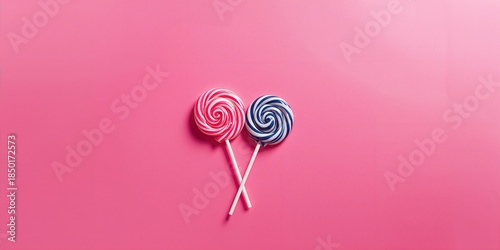 Bright pink background with sweet striped lollipops on stick for product promotion, advertising background