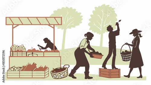 Farmers Market Harvest Illustration Silhouettes Selling Fresh Produce at Outdoor Stall for Seasonal Food Sales and Local Agriculture Promotion