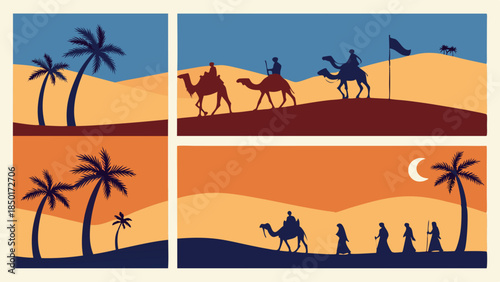 Historical Arabian Desert Journey Silhouette Illustration with Camels and Palm Trees for Travel and Cultural Marketing
