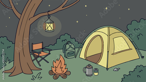 Cozy Summer Camping Night Scene with Tent Campfire Lantern for Outdoor Adventure Travel Vacation Website Design