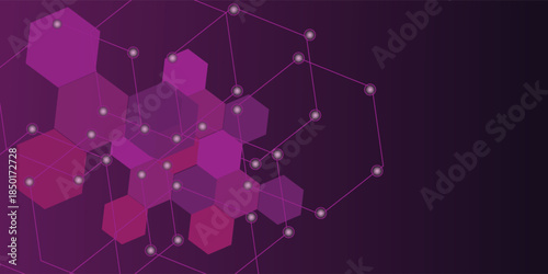 purple horizontal hexagonal technology abstract vector background. Red bright energy flashes under the hexagon in a wide banner of futuristic modern technology. vector