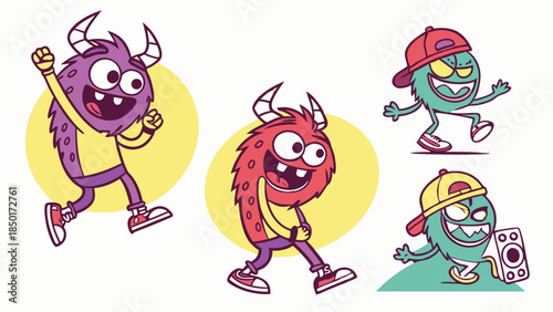Fun Cartoon Monsters Characters Set Energetic Kids Entertainment Mascot Design For Youth App Web Design