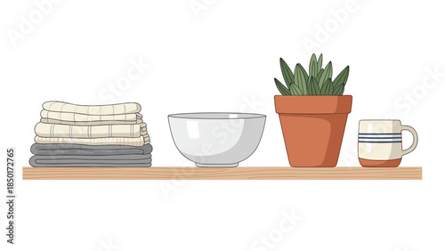 A cozy shelf displays neatly folded towels, a simple white bowl, a potted succulent, and a striped mug, creating a serene home vignette.