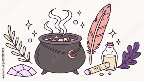 Mystical Potion Brewing Cauldron with Feather and Crystals for Witchcraft, Alchemy, and Fantasy Art Projects, Magical Occult Vibes