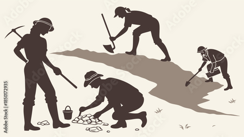Gold Prospectors Digging for Treasure Outdoors Hard Labor Teamwork for Wealth Building and Resource Extraction