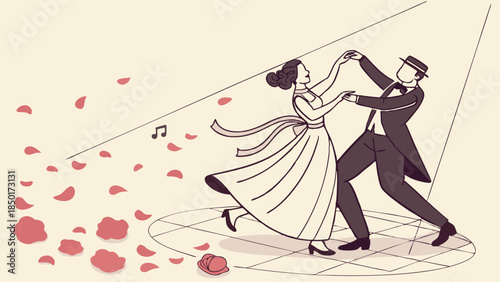 Elegant Couple Dancing Romantic Vintage Illustration Rose Petals Wedding Anniversary Celebration