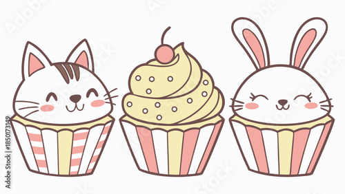 Cute Animal Cupcakes for Kids Birthday Party Bakery Design Sweet Treat Illustration