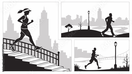 City Runners Silhouettes Jogging Outdoors for Fitness Health Wellness Exercise Lifestyle Promotion Web Design Graphics