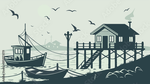 Coastal Fishing Village Scene with Boats and Pier House for Maritime Travel and Seaside Resort Marketing
