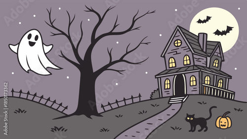 Whimsical Halloween Illustration Spooky Haunted House Ghost Black Cat Pumpkin Full Moon Night Background