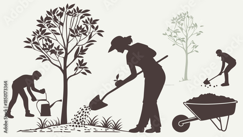 Volunteers Planting Trees Digging and Watering Saplings Community Reforestation Project Sustainable Ecology and Environmental Conservation